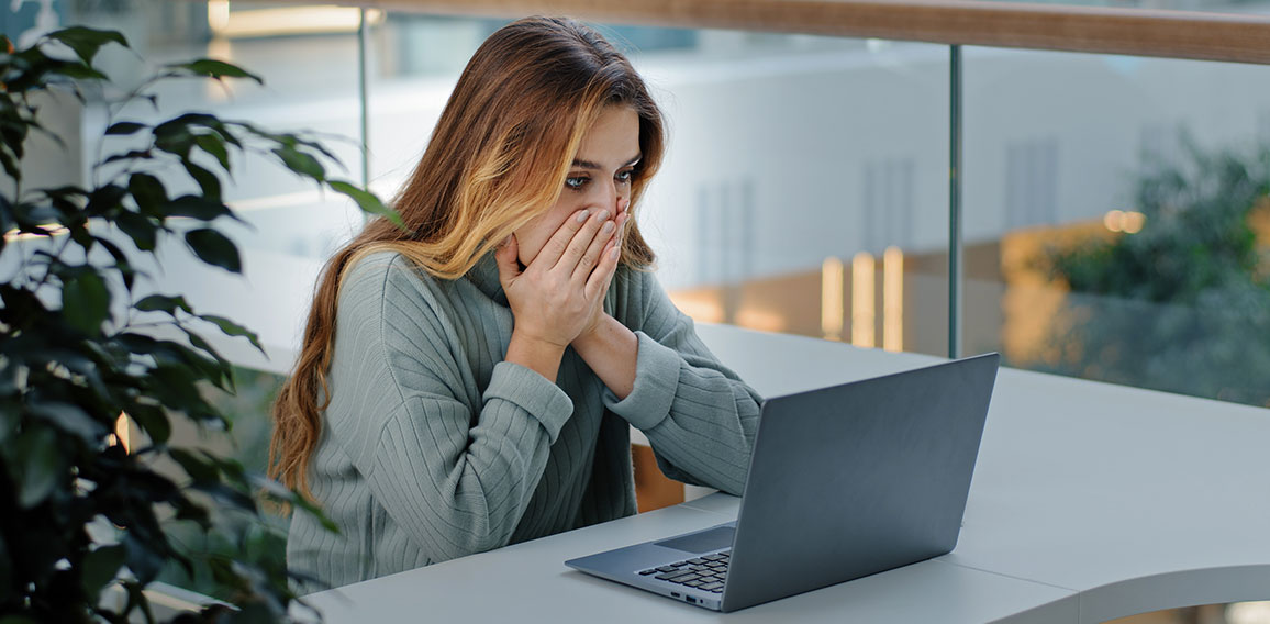 Caucasian stressful business woman with laptop frelancer girl frustrated shocked reading bad online news email failed test exam results reads unexpected terrible information upset problem notification