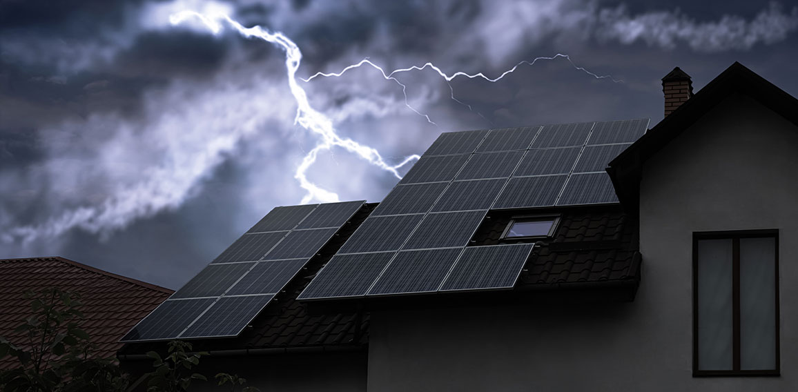 Dark cloudy sky with lightning over house. Stormy weather