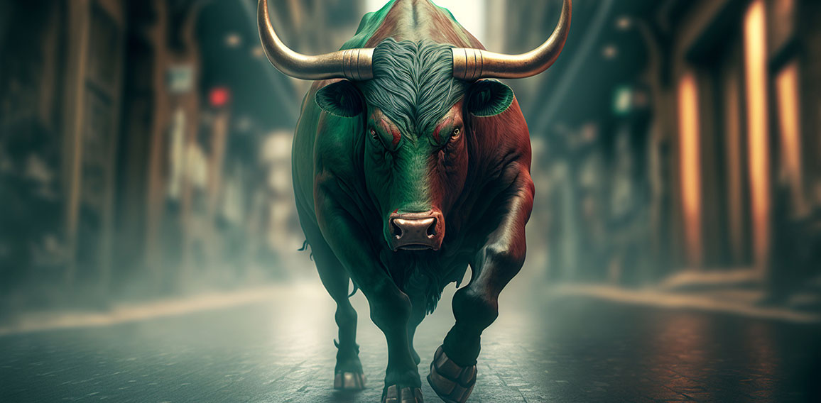 bull market, a green bull powerfully runs through a narrow stree