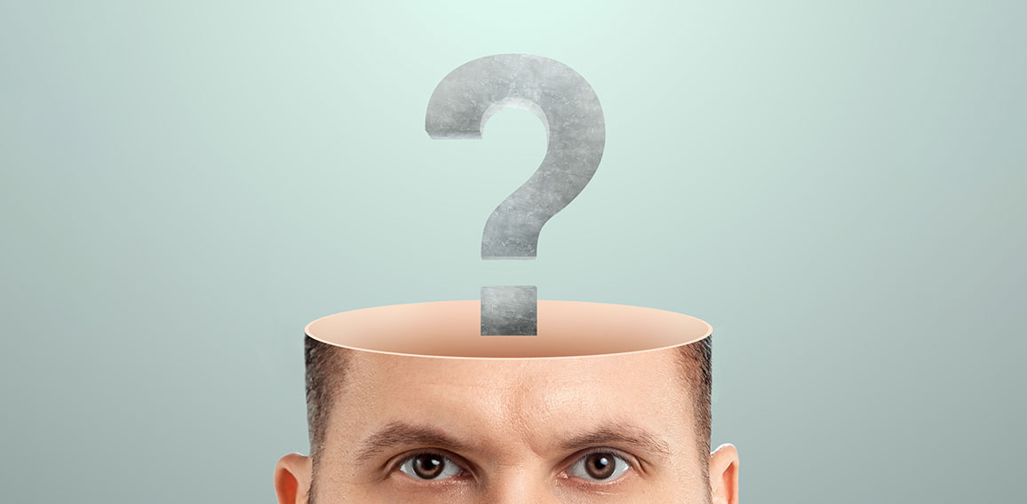 the male head is open instead of the brain with question marks. Creative background, concept of problem solving, searching for an answer, task, thinking.