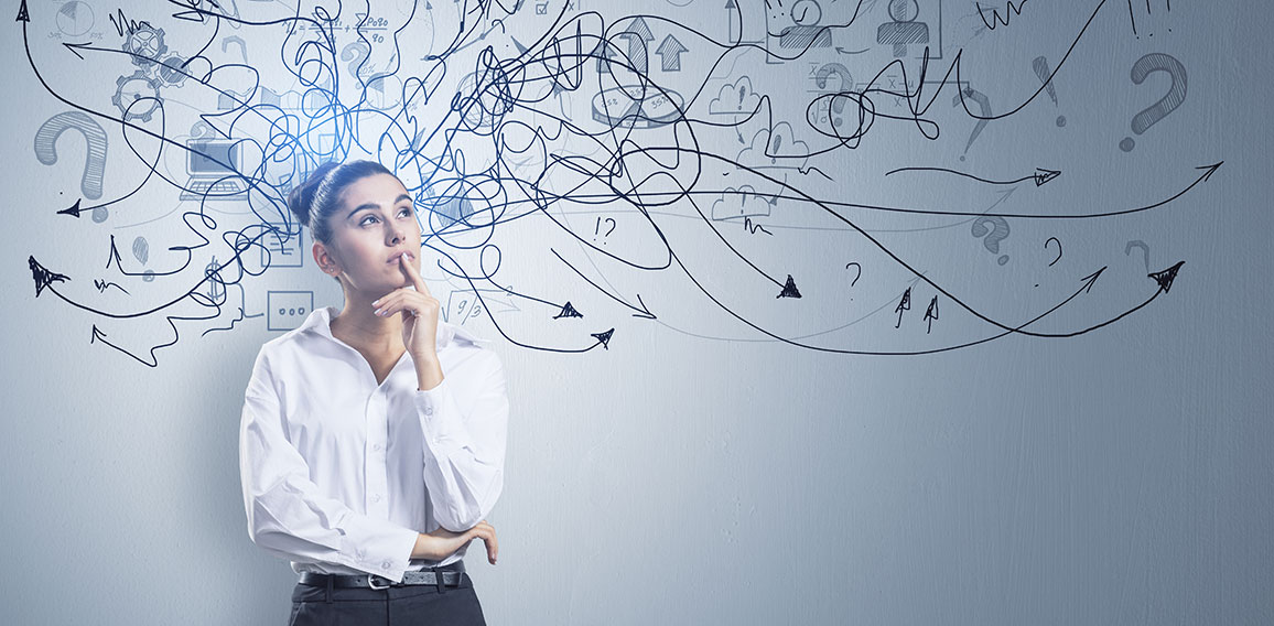 Portrait of attractive thoughtful young european businessman standing on concrete wall background with arrows mesh sketch. Confusion and question concept.