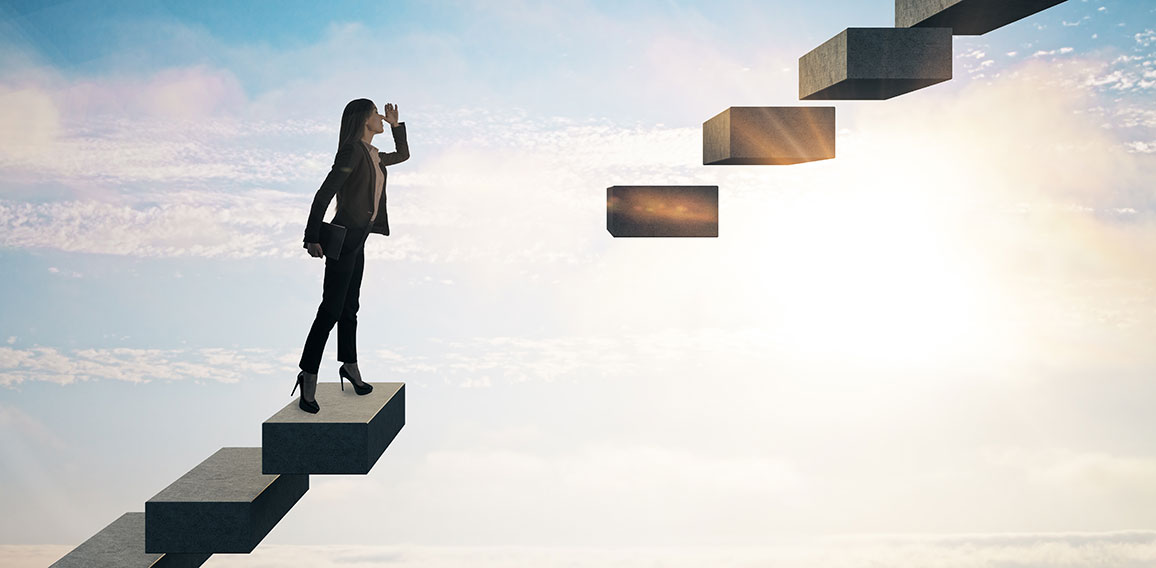 Businesswoman in career growth and challenge concept with broken staircase on bright sky background.