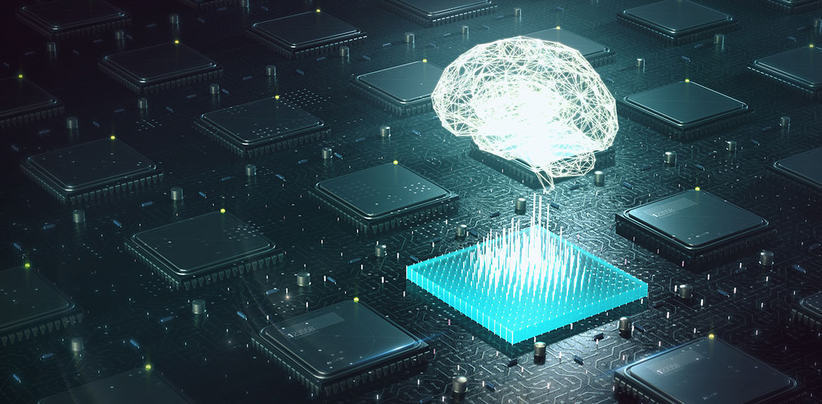 Machine learning , artificial intelligence , ai, deep learning blockchain neural network concept. Brain made with shining wireframe above multiple blockchain cpu on circuit board 3d render.