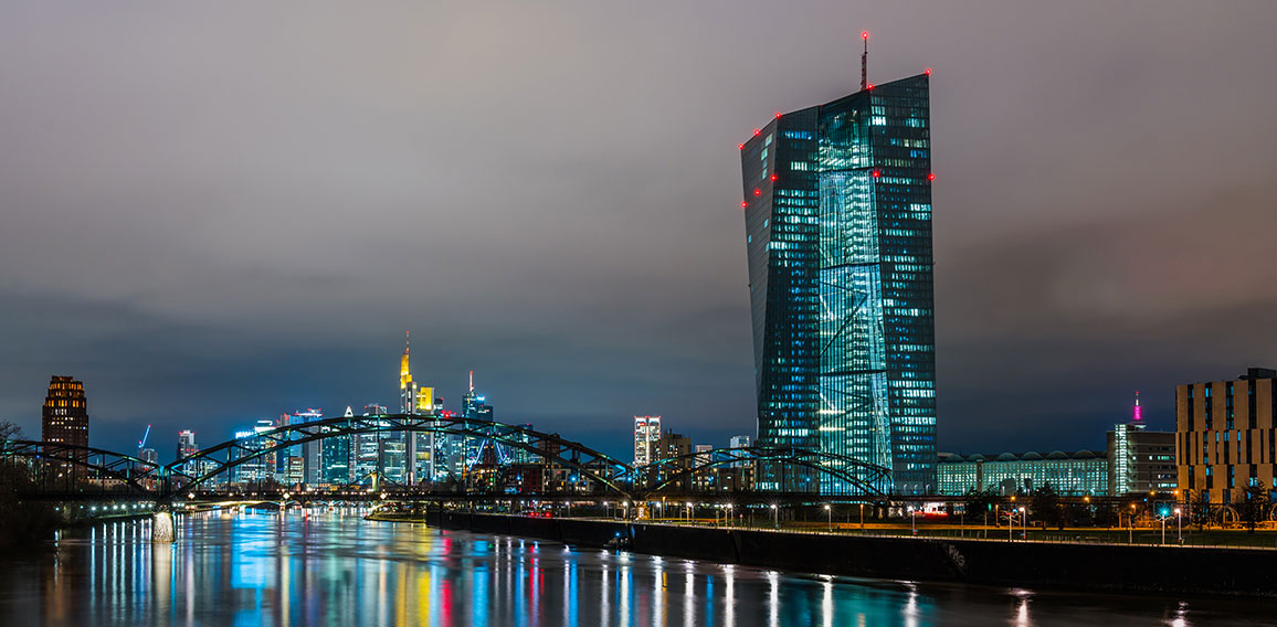 European Central Bank, ECB, at night in front of the illuminated