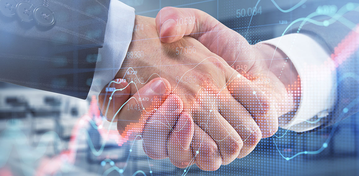 Close up of business men shaking hands with abstract red forex chart index on blurry office interior background. Digital data, teamwork, company and crisis concept. Double exposure.