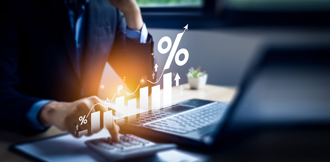 Interest rate and dividend concept, Businessman is calculating income and return on investment in percentage. income, return, retirement, compensation fund, investment, dividend tax, stock market