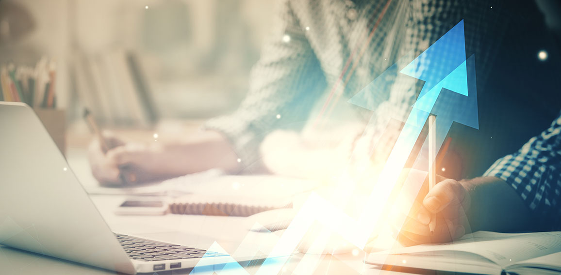 Growing arrows with businessman working on computer on background. Success concept. Double exposure.