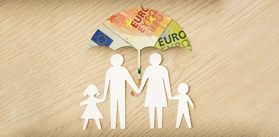 Paper family silhouette with umbrella made of euro banknotes on