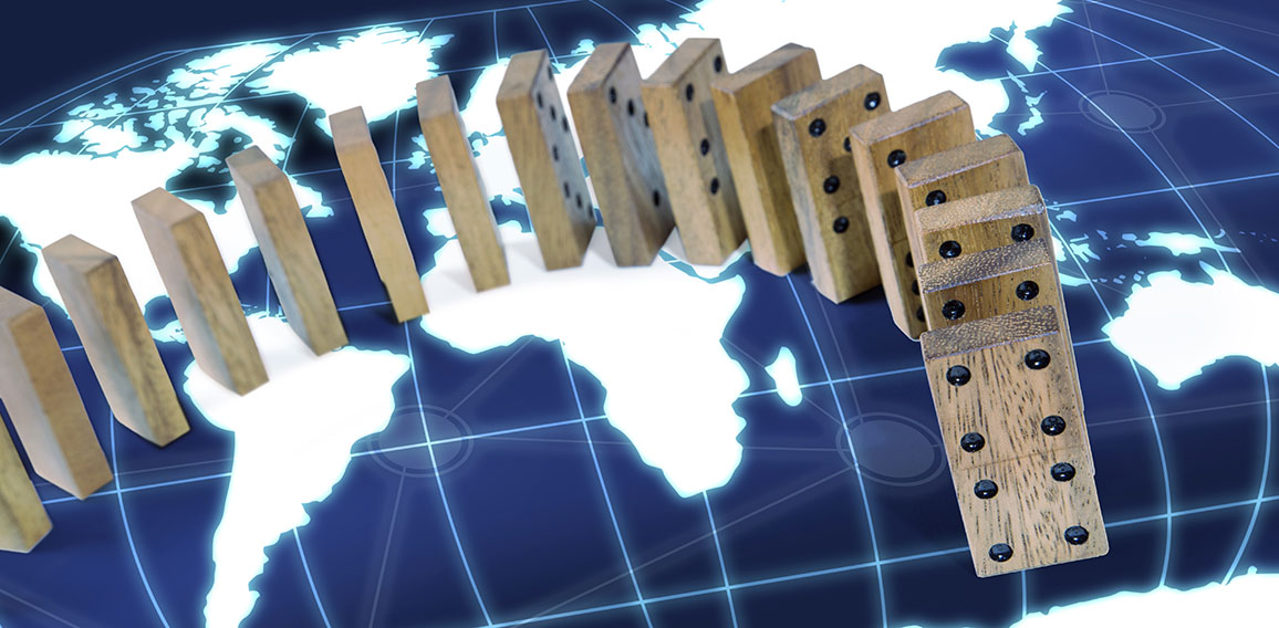 domino effect risk around world map concept background