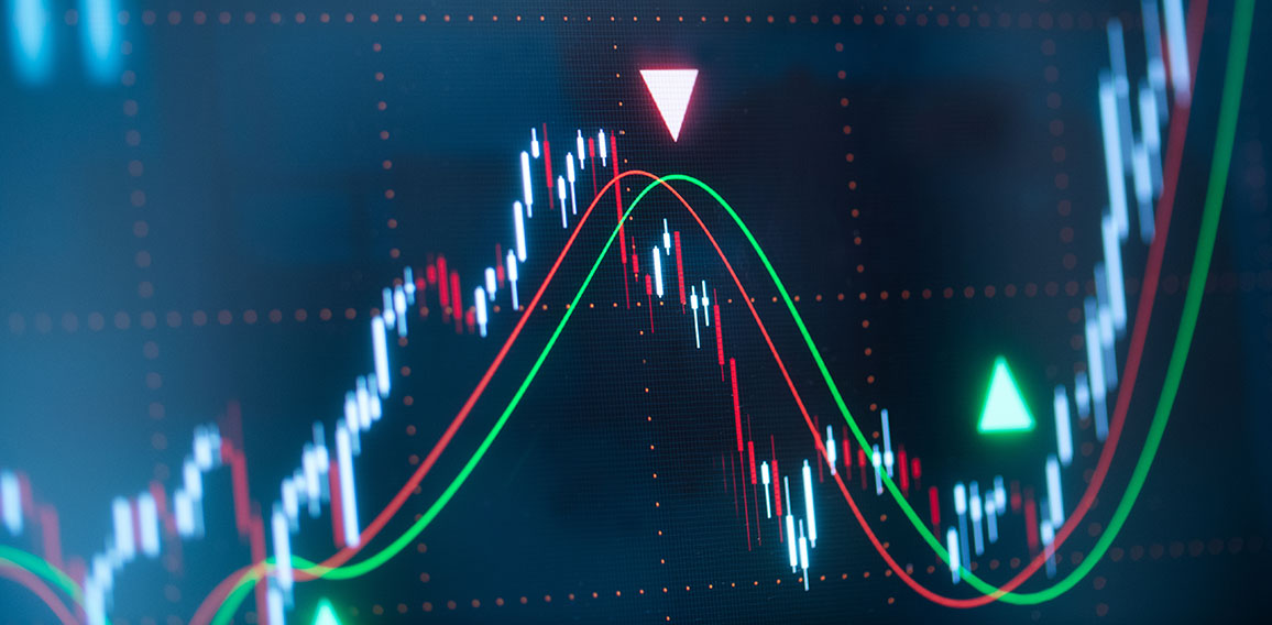 Trading monitor with strong increasing chart and moving averages