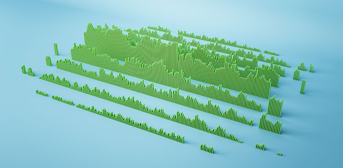 Abstract green business chart and graph on blue backdrop. Finance, report and banking concept. 3D Rendering.