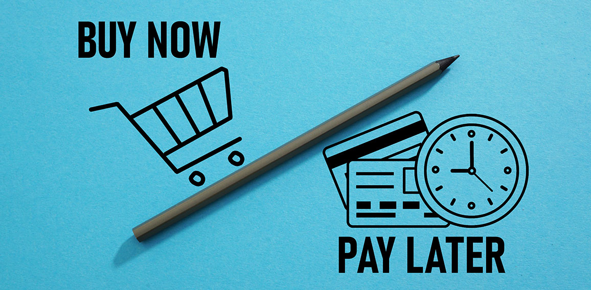 Buy now pay later is shown using the text and pictures of cart trolley and bank cards