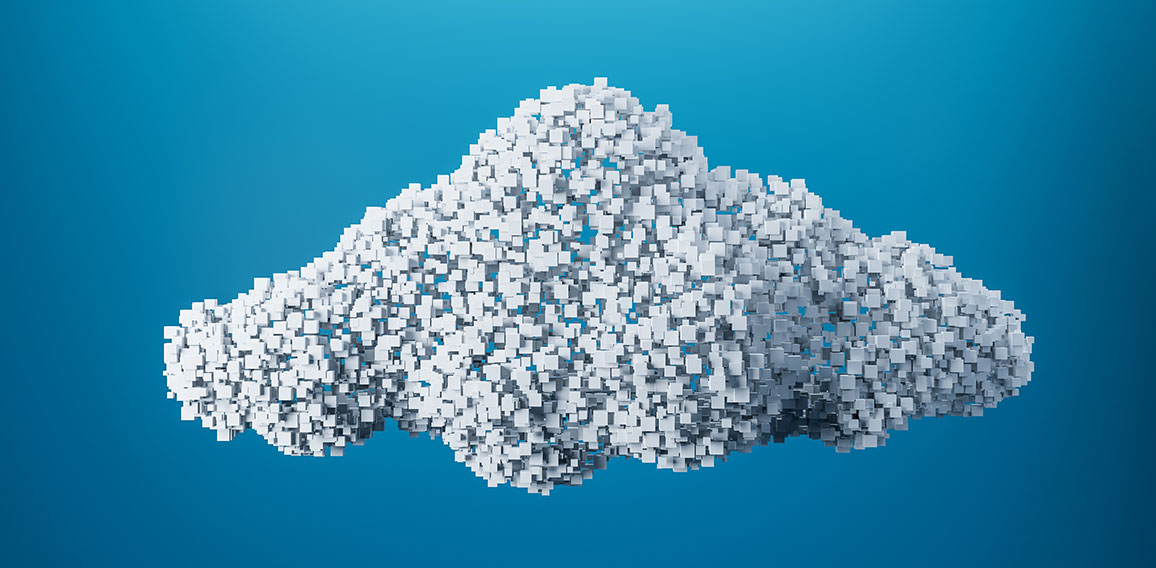 Wireless connection and cloud storage concept with 3D white cloud made up of pixels figures on abstract blue background. 3D rendering