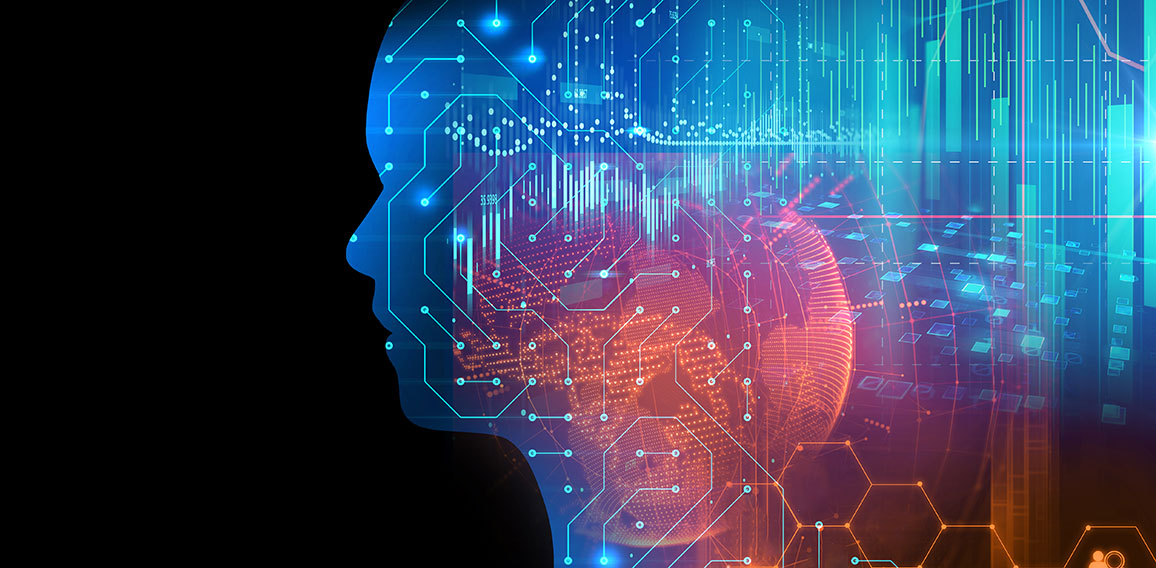 silhouette of virtual human on circuit pattern technology 3d ill