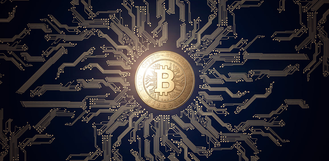 Gold coin Bitcoin on a black background. The concept of crypto currency. blockchain technology.