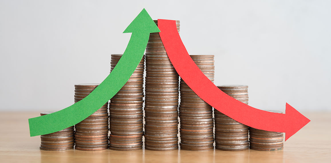 Stack coins and arrow red green curve graph chart volatility up