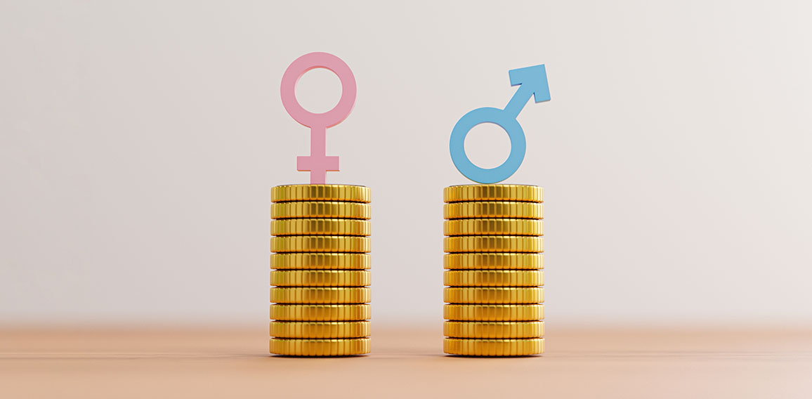 Blue sign of man on coins stacking equality with pink woman sign