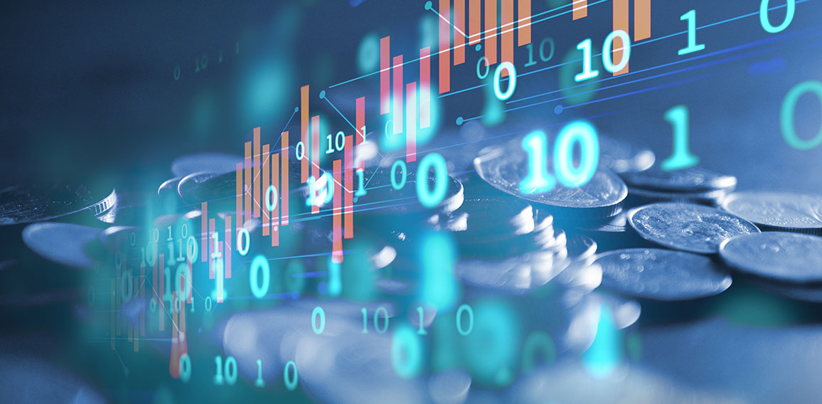 double exposure image of stock market investment graph and coins