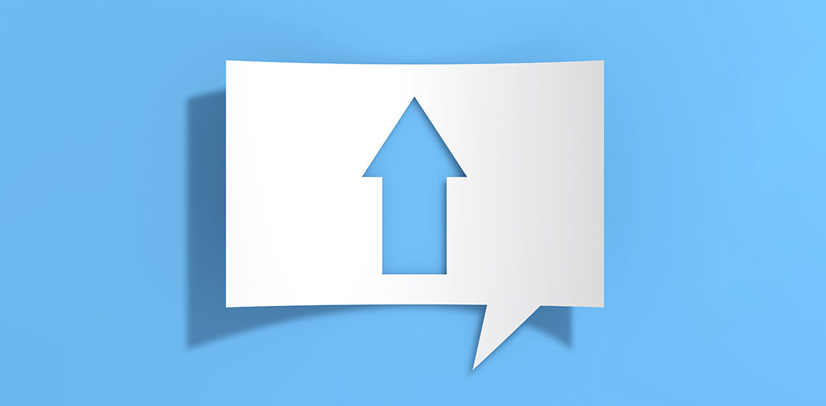 Arrow Up Icon on Cutout White Paper Speech Bubble. 3d Rendering