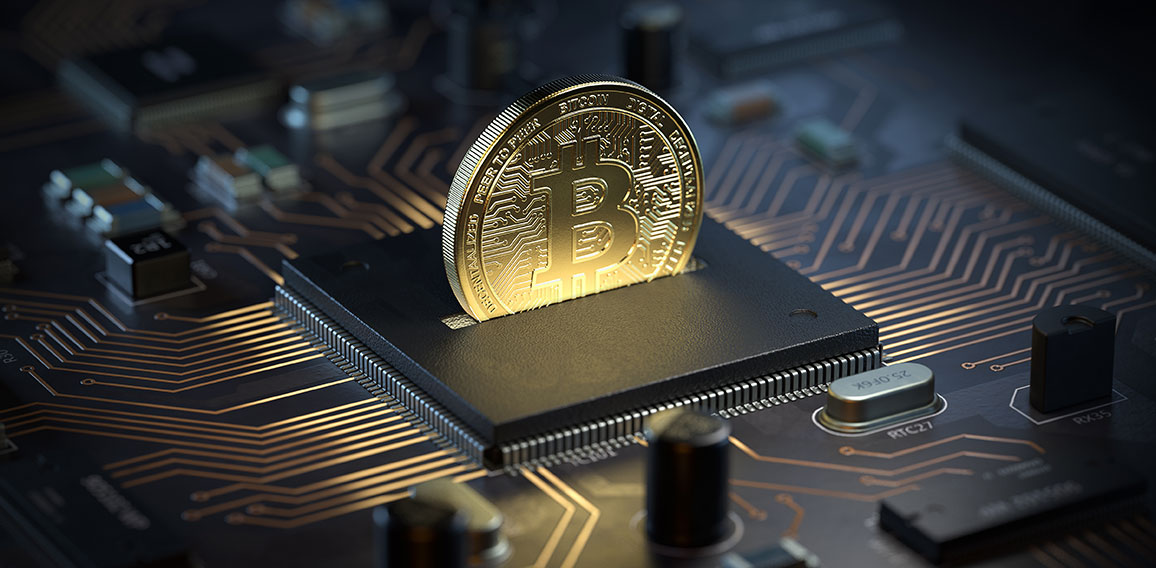 Bitcoin on motherboard,3d rendering,conceptual image.