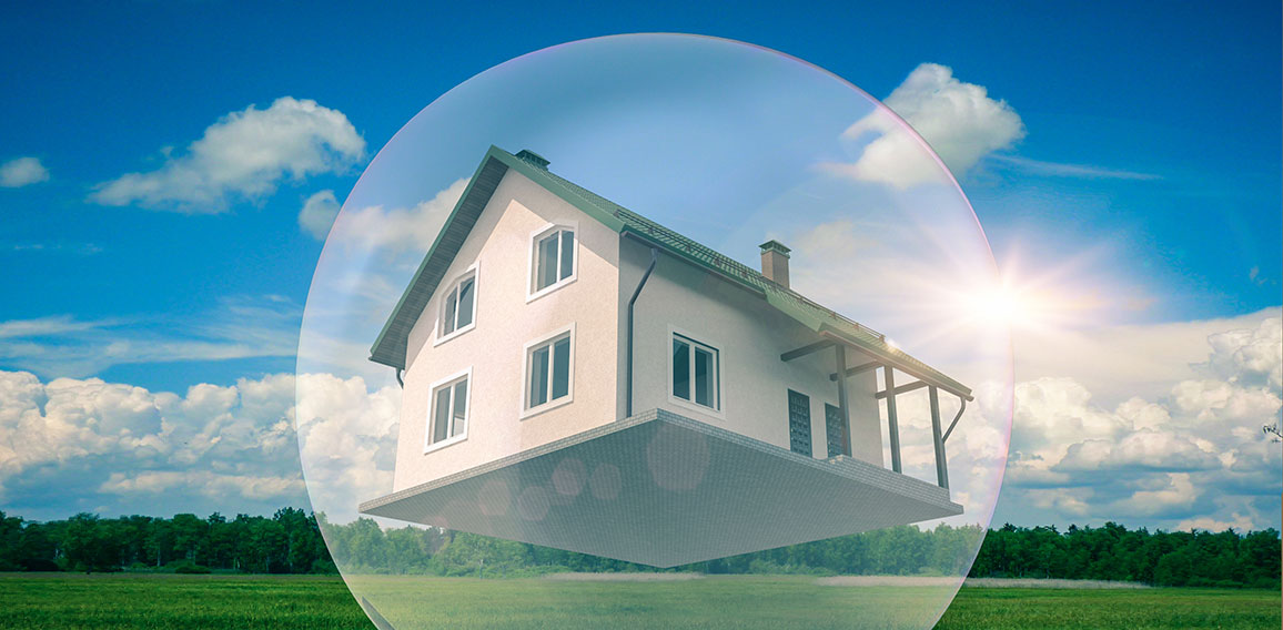 House is caught in a floating bubble- 3D-Illustration