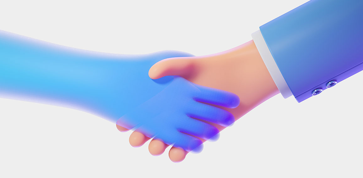 3d rendering. Cartoon handshake, human and robot cooperation