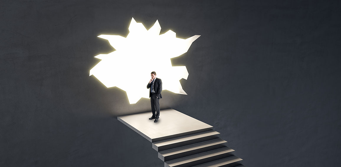 Thoughtful businessman on stairs looking out of hole in broken wall into a bright future. Market research, success, tomorrow and crisis ideas concept.