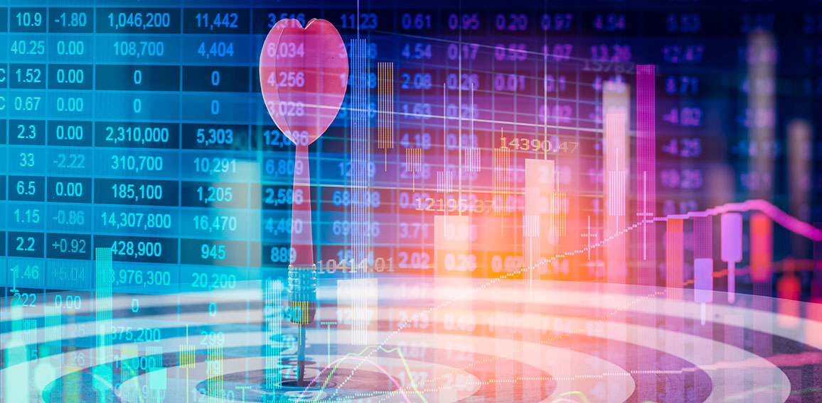 Target arrow on dart board and stock market indicator graph. Fin