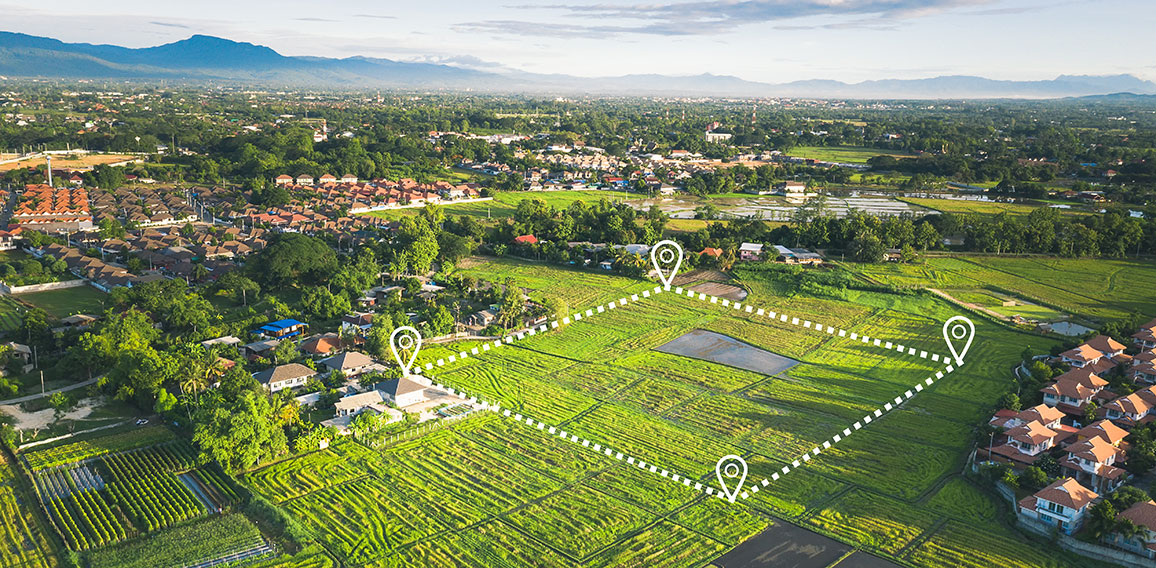 Aerial view of land and positioning point area.