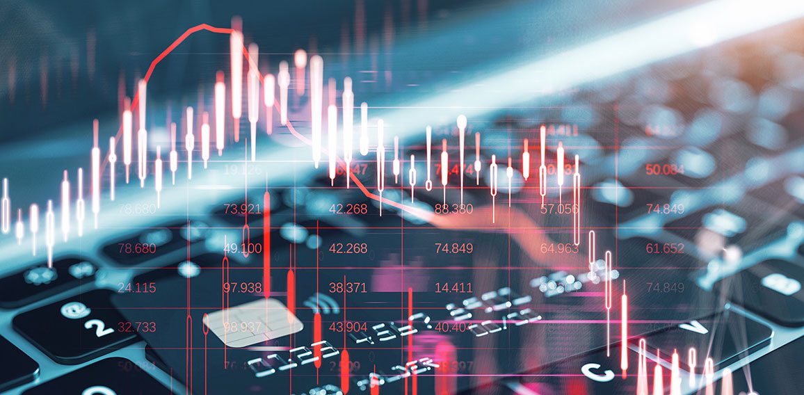 Close up of laptop keyboard and bank card with glowing falling red forex chart on blurry backdrop. Stock exchange and crisis concept. Double exposure.