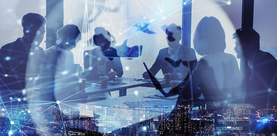 Network background concept with business people silhouette and city skyline at night. Double exposure and network effects