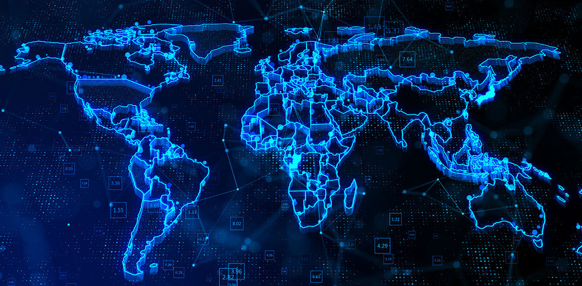 Abstract digital graphic world map with glowing contour line on dark background, big data and information stats concept, greed for landing page. 3D rendering