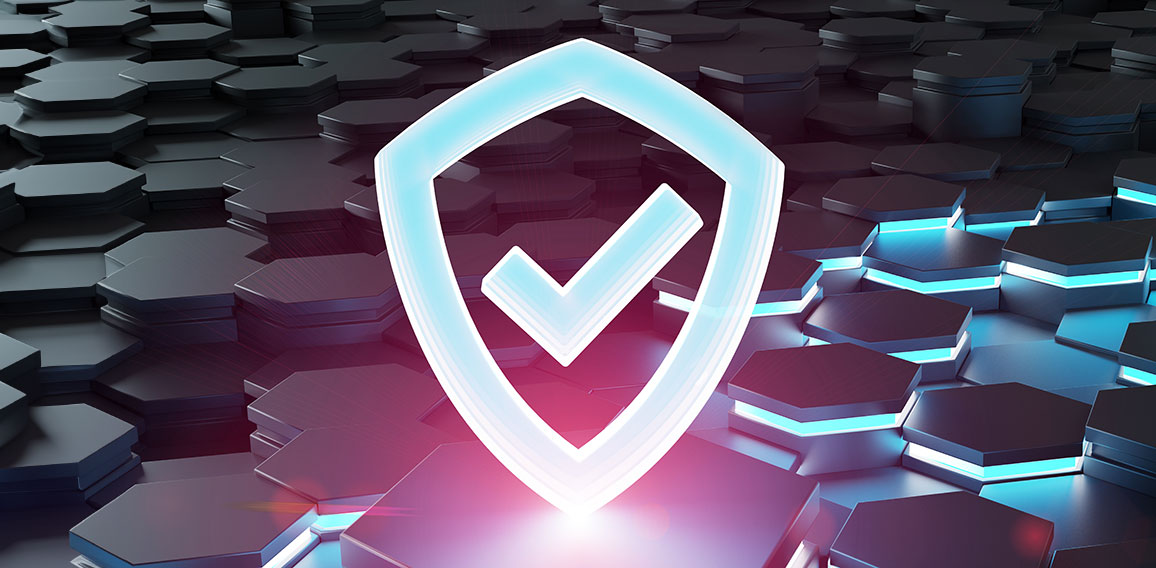 Black blue pink shield icon on hexagons background 3D rendering