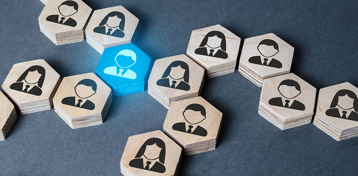 The structure of hexagonal figures with employees is connected together through a blue figure. Establishing contact between business, mediator services. Leader, link. Business organization.