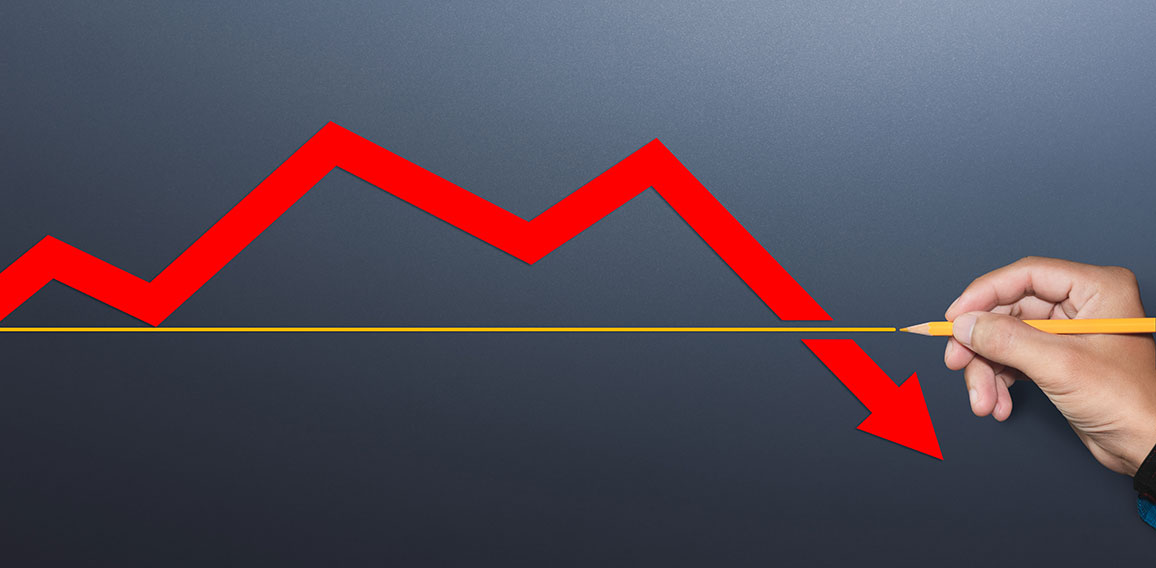 Red arrow pointing down. Investment, stock decline, depressed ec