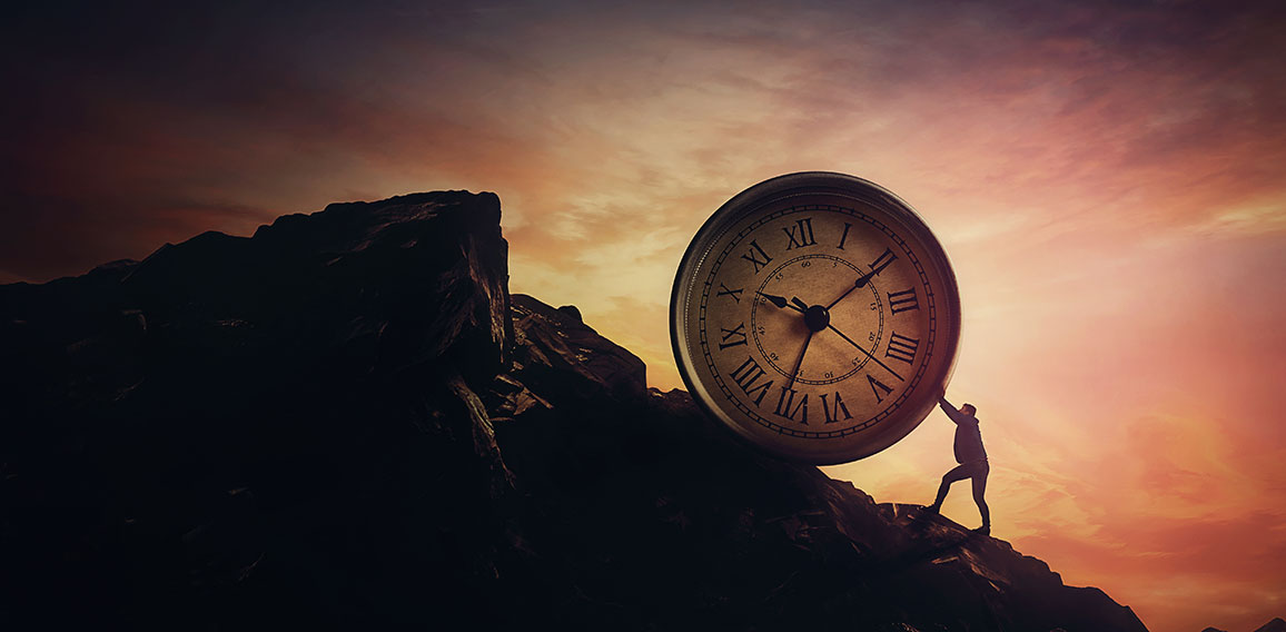 Surreal scene with a businessman pushing a clock up a hill. Time