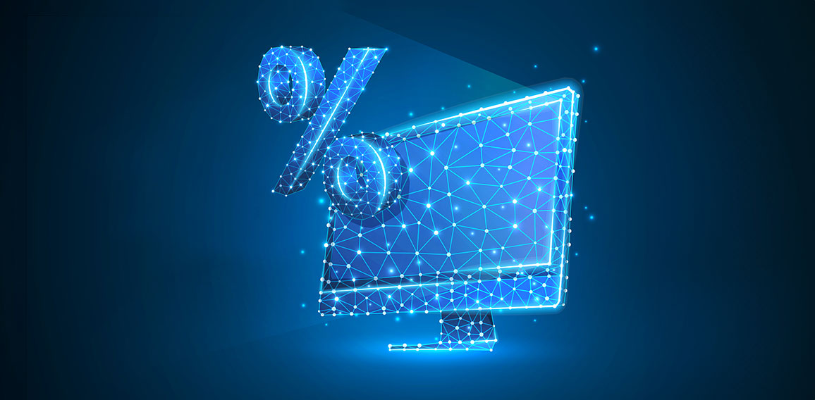 Computer monitor, percent market symbol. Devices, calculation, discount, concept. Abstract, digital, wireframe, low poly mesh, vector blue neon 3d illustration. Triangles, lines, dots, stars