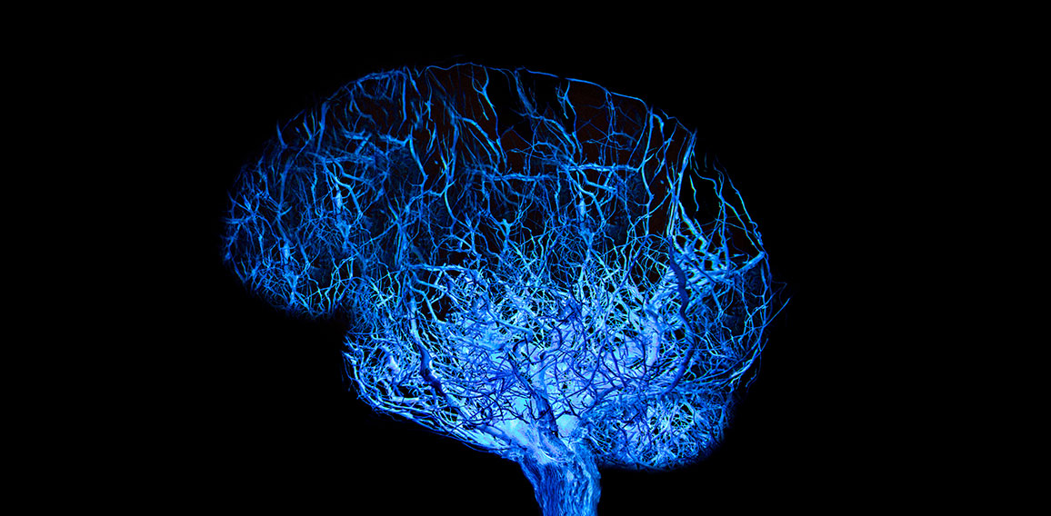 Concept human brain with blue glowing connection made from roots of tree on black background.