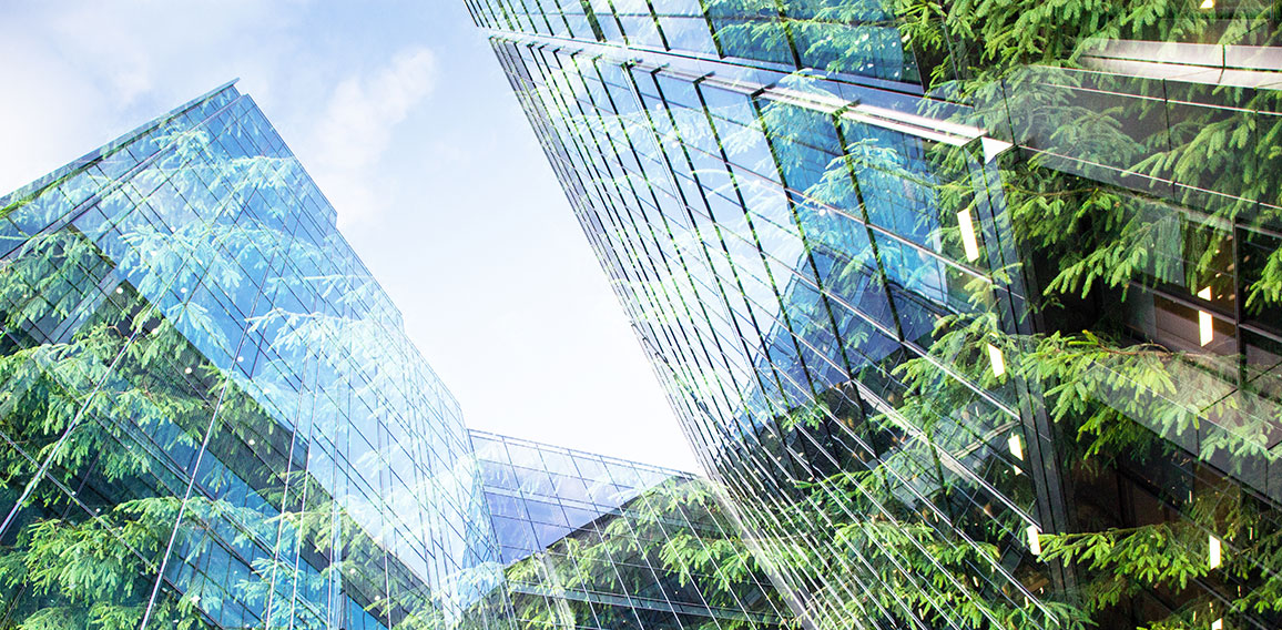 green city - double exposure of lush green forest and modern sky