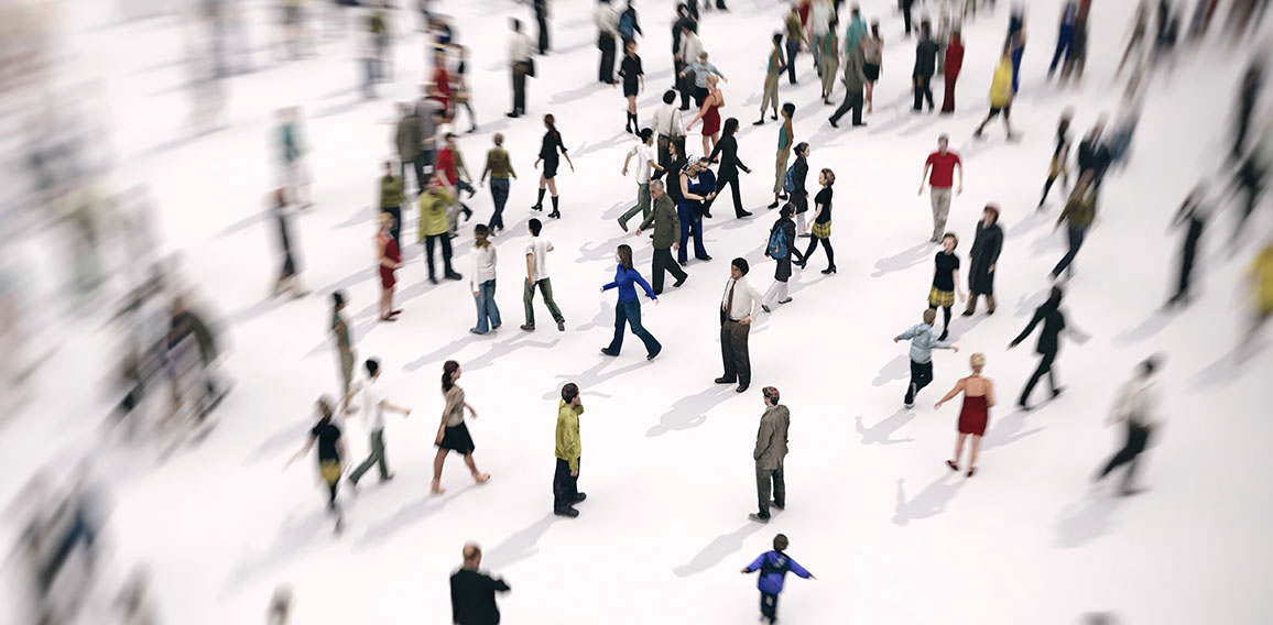 Fast zoom focus on a large group of people on white background. 3D Rendering.