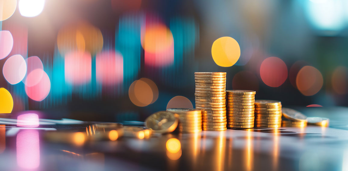 Stacks of coins with a blurred colorful bokeh light background,