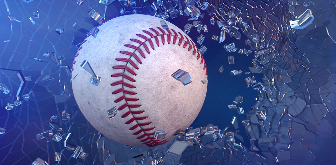 Baseball through broken glass.