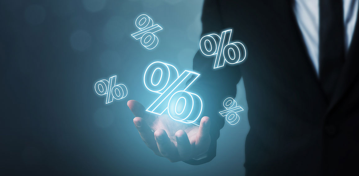 Interest rate financial and mortgage rates concept. Businessman hand show icon percent 3d sign