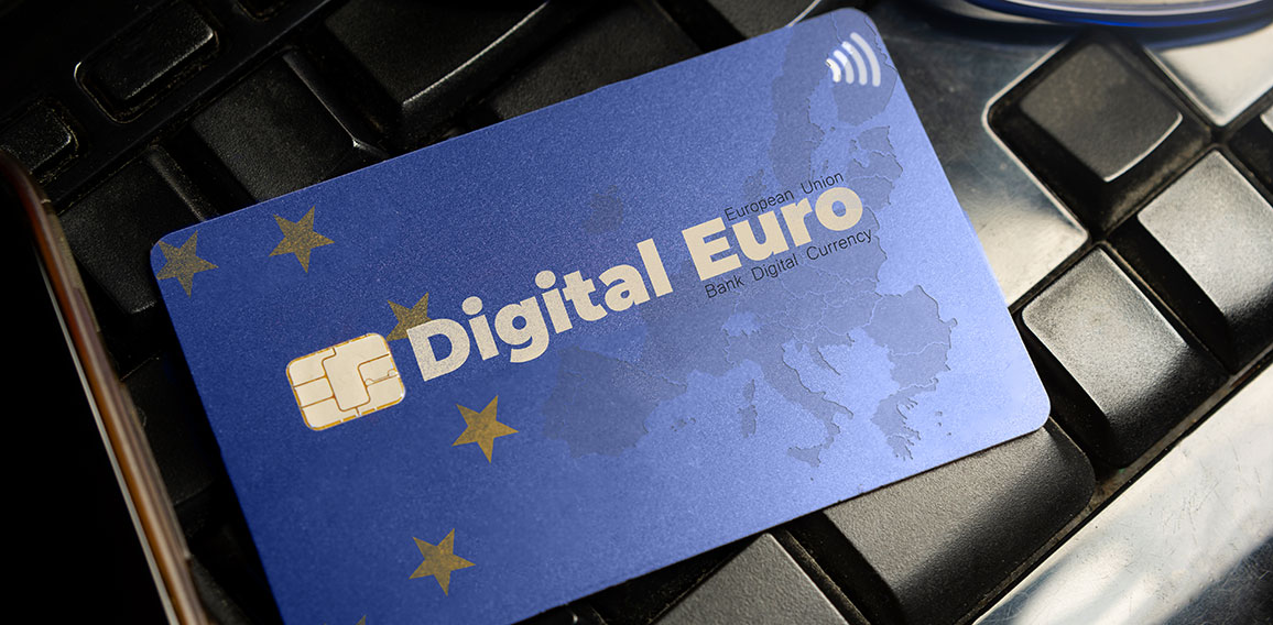 Digital euro currency concept: a credit card on a computer keybo