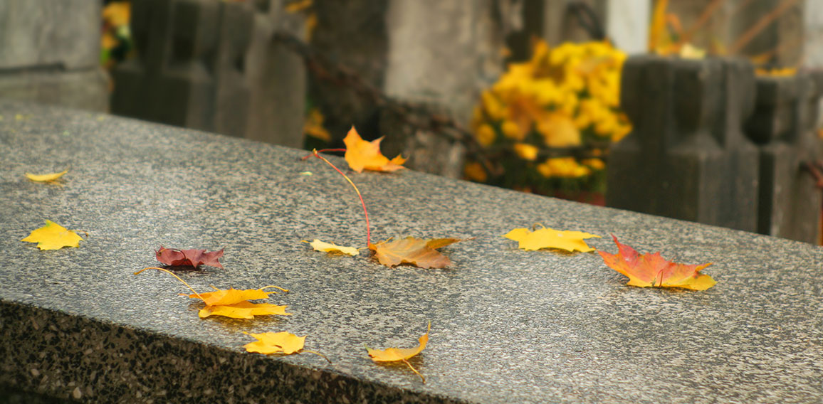 Tombstones with yellow leaves on them and yellow flowers in the