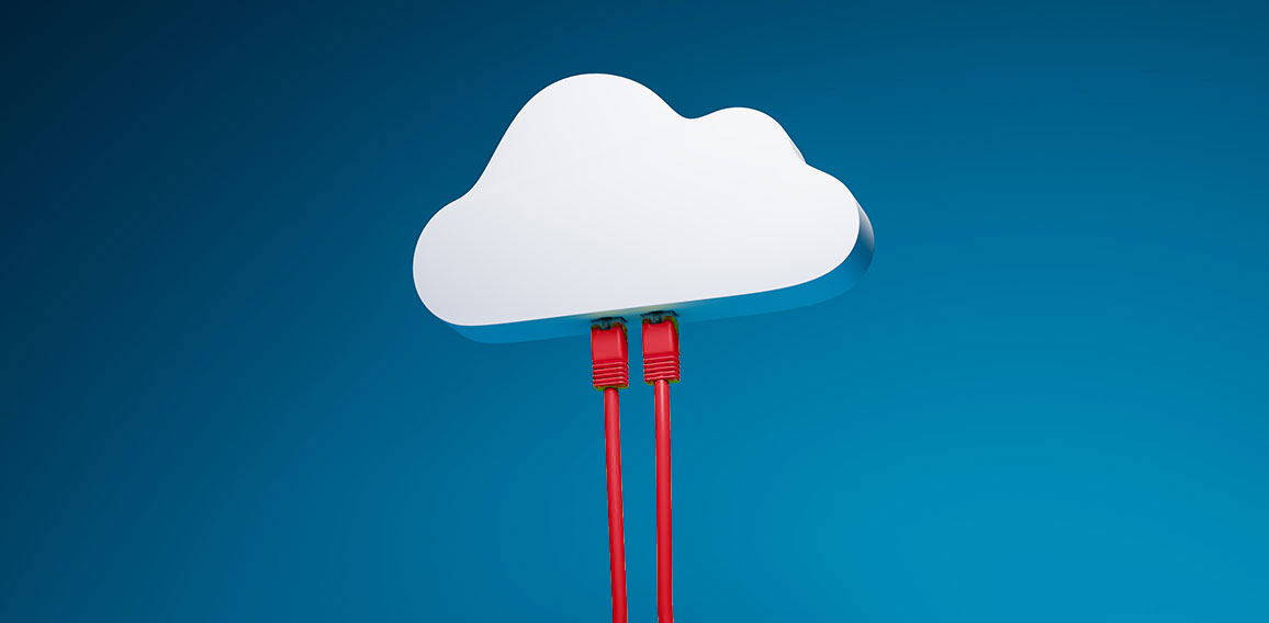 3D render: Cloud Computing Concept - Two Ethernet Cables plugged into a symbolic cloud. Blue background.