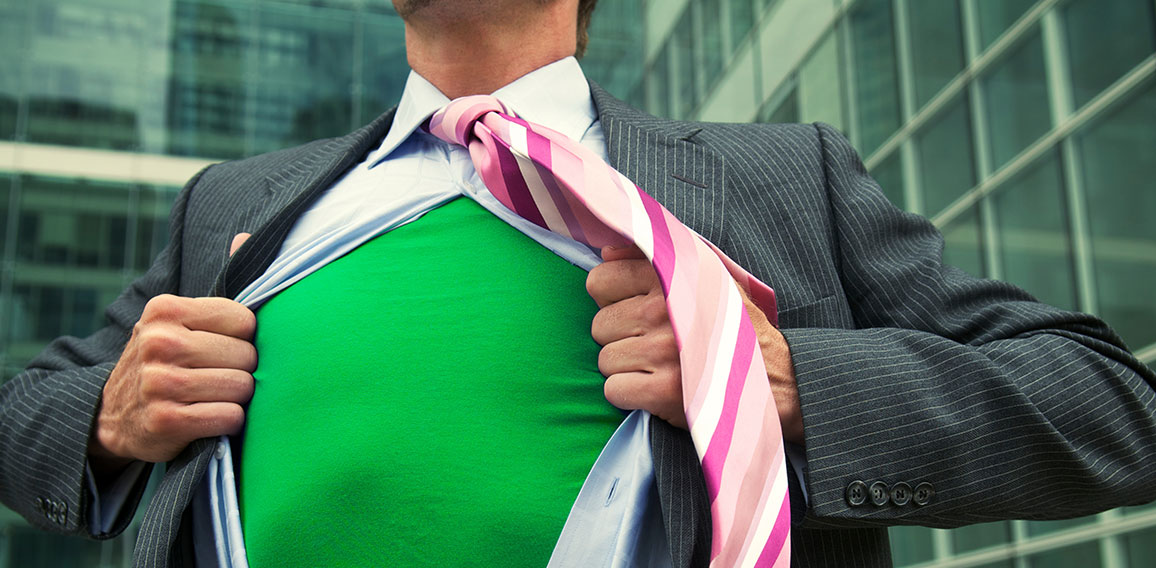 Business superhero ripping off his suit to reveal his green eco-