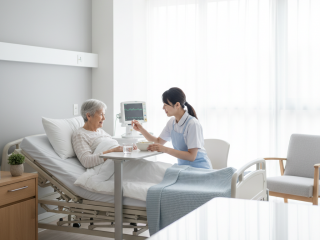 Eine Pflegekraft betreut eine ältere Patientin in einem modernen Krankenhauszimmer. Die Patientin liegt im Bett, während die Pflegekraft ihr eine Mahlzeit reicht. Im Hintergrund ist ein Monitor mit Vitalwerten sichtbar.