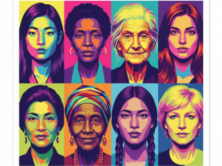 Pop-Art-Porträts verschiedener Frauen zum Internationalen Frauentag